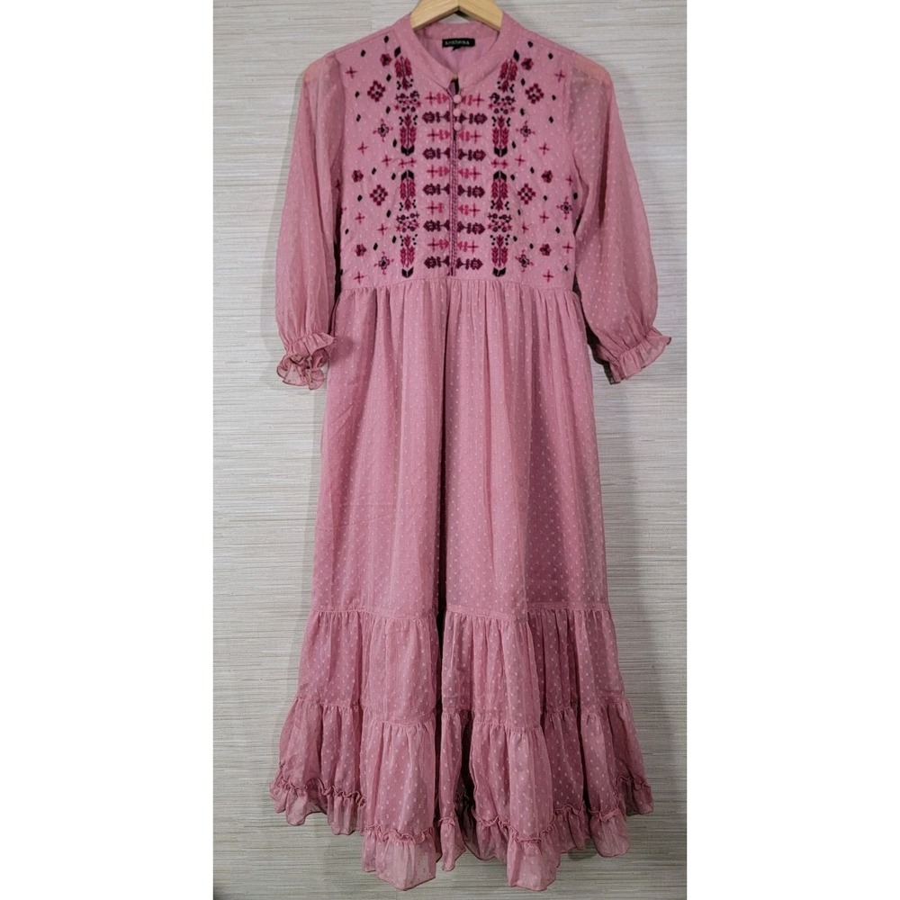 Antheaa Maxi Dress Womens Medium Pink Embroidered Boho Tiered Swiss Dot‎ Ruffle